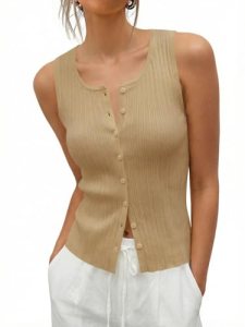 Saodimallsu Womens Sleeveless Sweater Vest Button Down Ribbed Knit Tank Top Scoo