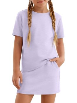 XMWEALTHY Girls Two Piece Outfits Summer Skirt Set Short Sleeve Crew Neck Tops S