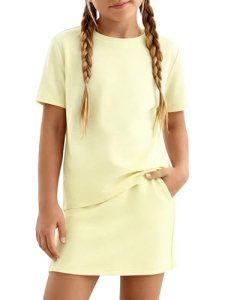 XMWEALTHY Girls 2 Piece Outfits Spring Summer Pullover T-Shirt and Drawstring Sk