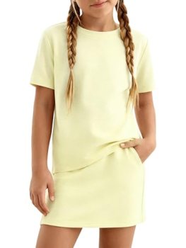 XMWEALTHY Girls 2 Piece Outfits Spring Summer Pullover T-Shirt and Drawstring Sk