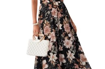 Simplee Women Floral Summer Maxi Dress Boho Flowy Casual Chiffon Short Sleeves V