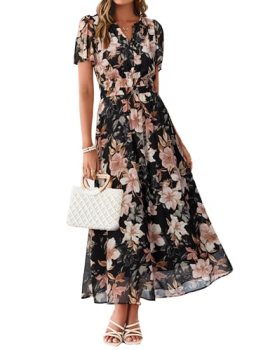 Simplee Women Floral Summer Maxi Dress Boho Flowy Casual Chiffon Short Sleeves V