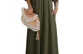 Dokotoo Womens 2026 Casual Dresses V Neck Short Sleeve Empire Waist A-Line Maxi