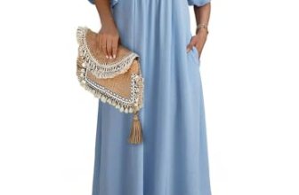 Dokotoo Summer Dresses V Neck Puff Sleeve Empire Waist A-Line Long Dresses for W