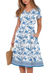 ANRABESS Women Summer Dress Casual Short Sleeve V Neck A-Line Knee Length Pleate