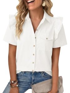 Cicy Bell Womens Babydoll Button Down Shirts Summer Ruffle Puff Sleeve Pleated T