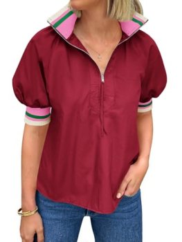 Tankaneo Womens Puff Sleeve Tops Blouse Color Block Half Zip V Neck Pullover Tre