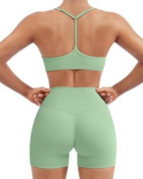 SUUKSESS Workout Sets for Women Y Back Sports Top Padded Racerback Yoga Crop Tan