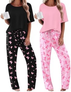 Ekouaer Womens Pajama Sets Comfy Sleepwear Round Neck Top and Pants Pjs Matching