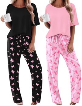 Ekouaer Womens Pajama Sets Comfy Sleepwear Round Neck Top and Pants Pjs Matching