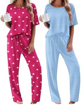 Ekouaer Womens Pajama Sets Summer Loungewear Scoopneck Night Shirts with Long Pa