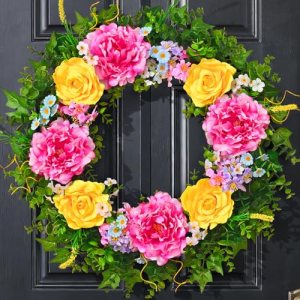 Livole Spring Wreaths for Front Door 24 Inch Large Spring Summer Door Wreath wit