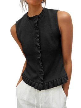 Saodimallsu Womens Sleeveless Sweater Vest Ruffle Button Down Knit Tank Top Summ