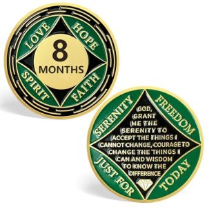 8 Month NA Medallions, Green 8 Months NA Coin Sobriety Chips – Love