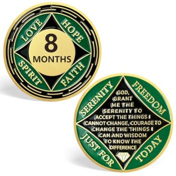 8 Month NA Medallions, Green 8 Months NA Coin Sobriety Chips – Love
