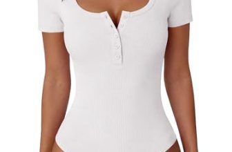 ANRABESS Women’s Bodysuits，Short Sleeve Scoop Neck Top， Fitted Ribbed Knit Soft