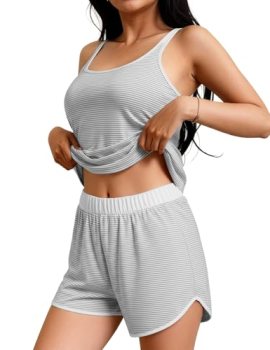 JUSTFASHIONNOW Womens Striped Tank Top Pajama Set 2 Piece Summer Cozy Cami and S