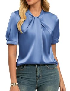 GRACE KARIN 2026 Women Satin Tops Short Sleeve Blouse Mock Neck Work Silk Shirts
