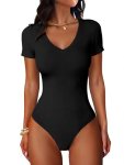 ANRABESS Bodysuits for Women V Neck Short Sleeve Body Suit Tops Slim Fit Ribbed
