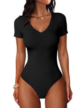 ANRABESS Bodysuits for Women V Neck Short Sleeve Body Suit Tops Slim Fit Ribbed
