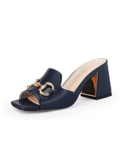 gihubafuil Womens Sandals Chunky Heel Peep Toe Slides Single Band Comfort Mules