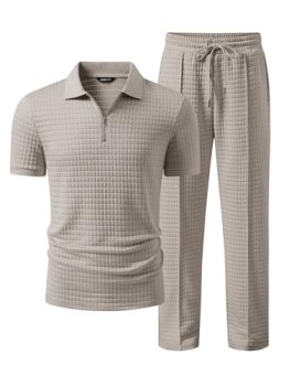 JMIERR Mens Summer Outfits 2 Piece Short Sleeve Sets Beach Quarter Zip Polo Shir
