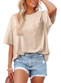 Dokotoo Women’s Oversized Short Sleeve T Shirt with Lace Pocket Soft Breathable
