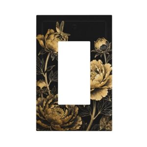 YGMMWP Decorative Outlet Covers Black Gold Peony Floral Dragonfly 1 Gang Rocker