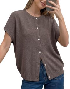 Arach&Cloz Women’s Summer Short Sleeve Cardigan Oversized Wool Blend Knit Lightw