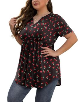 SHIJIALI Womens Plus Size Tops Tunic 2026 Casual Soft Short Sleeve V Neck Henley