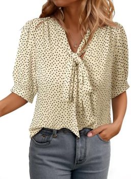 Dokotoo Womens Summer Tops Casual Bow Tie Neck Short Sleeve Button Down Shirts E