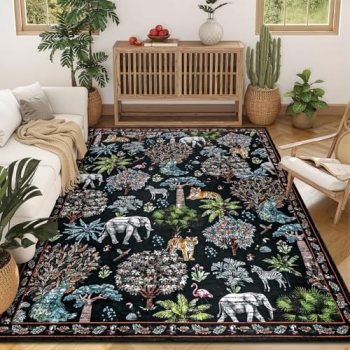 Yamaziot Washable Area Rug 5×7 – Jungle Animal Print Linen Rug for Living Room