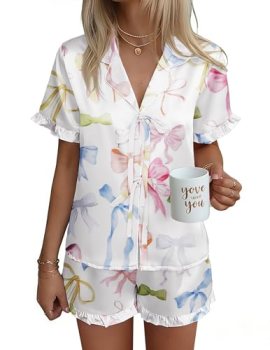 Ekouaer Satin Pajama for Women Short Sleeve Silky Pj Short Set Bow Front Tie Up