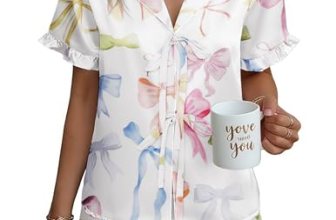 Ekouaer Satin Pajama for Women Short Sleeve Silky Pj Short Set Bow Front Tie Up