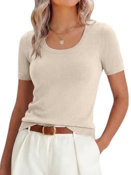 ANRABESS Womens Short Sleeve Sweaters Wool Blend Summer Scoop Neck Casual Busine
