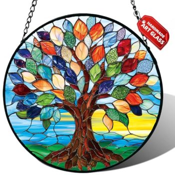 Stained Glass Window Hanging, Colorful Tree of Life Suncatcher for Door Home Dec