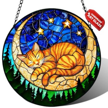 Stained Glass Window Hanging, Orange Sleeping Cat Suncatcher for Door Home Decor