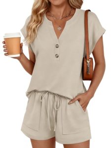 LILLUSORY Womens Henley 2 Piece Short Sets Summer 2026 Lounge Spring Beach Airpo