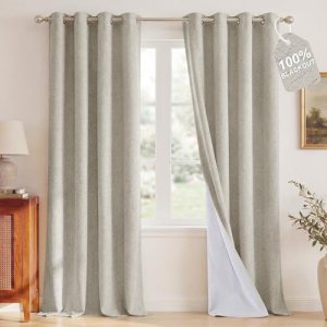 NICETOWN 100% Blackout Linen Beige Curtains 84 inches Long for Living Room
