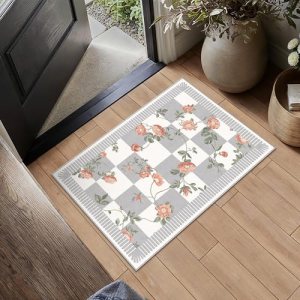 HUGEAR 2×3 Checkered Rugs for Entryway Machine Washable Grey Small Carpet Floral