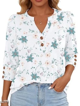 ANRABESS Womens Tops 3/4 Sleeve Casual Henley Shirts V Neck Buttons Dressy Work