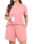 Lastshe Womens Plus Size Pajama Set 2 Piece Soft V Neck Short Sleeve with Pocket