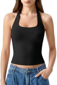 QINSEN Halter Tops for Women Scoop Neck Double Lined Tank Top Backless Sleeveles