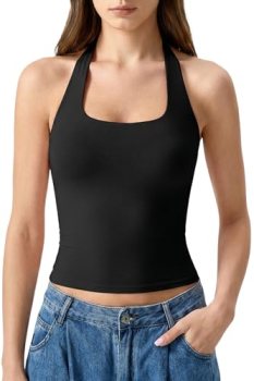 QINSEN Halter Tops for Women Scoop Neck Double Lined Tank Top Backless Sleeveles