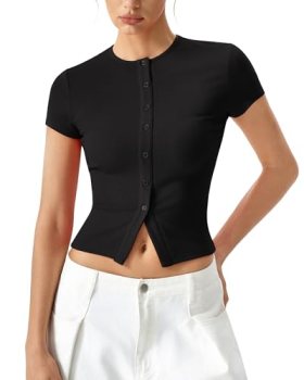 QINSEN Women’s Crewneck Short Sleeve T Shirts Ribbed Button Going Out Trendy Top