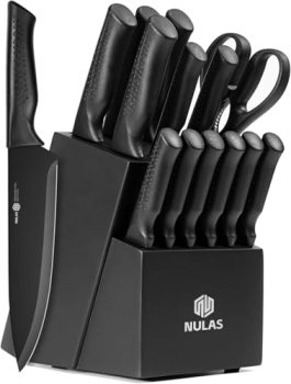 NULAS Knife Set, 15-Piece Kitchen Knife Set with Block and Built-in Sharpener