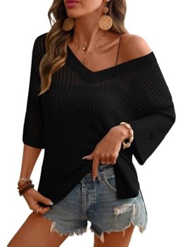 Rapbin Off The Shoulder Tops for Women Summer 3/4 Sleeve Crochet Cover Up 2026 V