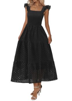 Lazysmile Womens Summer Maxi Dress Square Neck Ruffle Cap Sleeve Hollow Out Eyel
