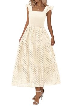 Lazysmile Womens Summer Maxi Dress Square Neck Ruffle Cap Sleeve Hollow Out Eyel