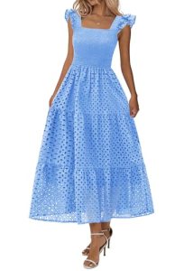 Lazysmile Womens Summer Maxi Dress Square Neck Ruffle Cap Sleeve Hollow Out Eyel